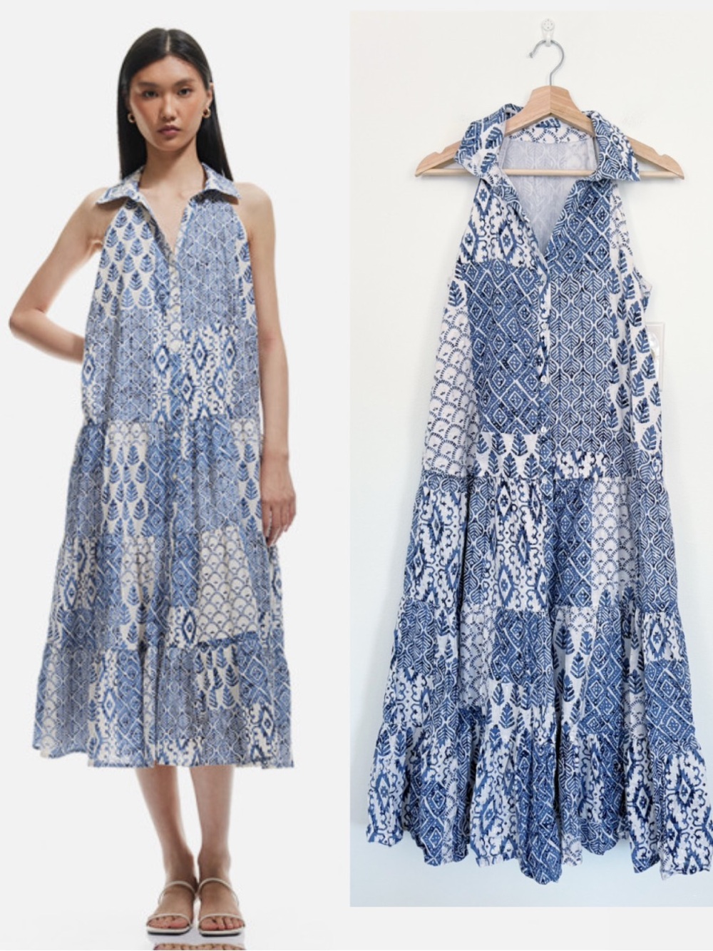Koton || Metallic Floral Print Midi Shirt Dress Blue 40 US L